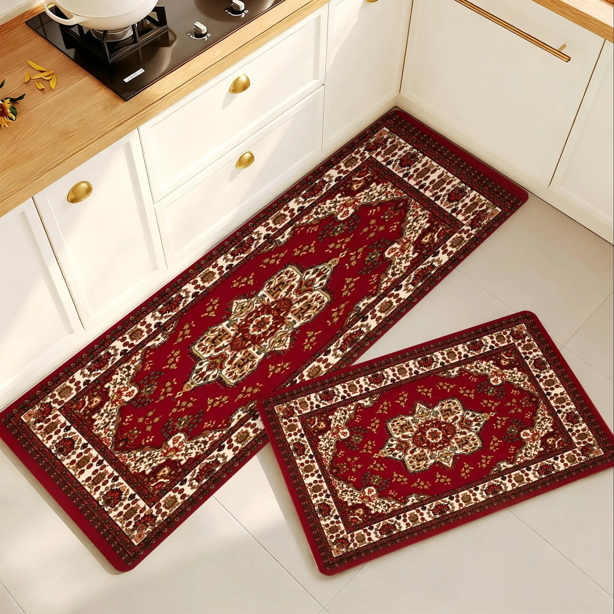 Vintage Red Persian Kitchen Mat Non-slip Rubber Backing Floor Rug Non-woven Fabric Runner for Sink Entryway Traditional Oriental Floral Washable Indoor Area Carpet Water Absorbent Stain Resistant Low Profile Home Decor, Floral Rugs, Home Decorative Rug