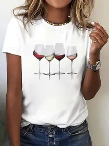 Women's Wine Glass Print Round Neck Tee, Casual Short Sleeve Crew Neck T-Shirt for Summer, Fashion Women's Top for Daily Wear