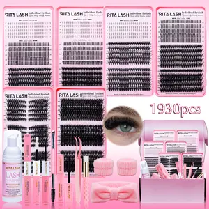 RITALASH 1930Pcs D Curl Large Capacity Eyelash Extensions Eyelash Extension Set 3 Trays Book Kit Bottom+Spike+60D+100D+30D+50D+80D+Cat40D/50D/60D+150D Natural Eye Makeup Easy To Carry, Reusable, with Make Up Tools Bond&Seal, Remover, Headband