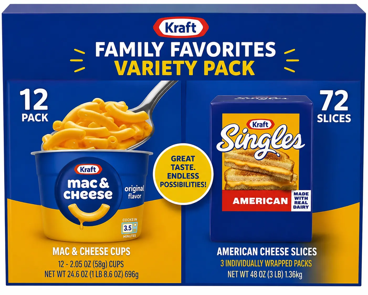 Kraft Family Favorites Variety Pack – Original Mac & Cheese Cups (12 Pack) & Kraft Singles American Cheese Slices (72 Count), Easy Meals & Snacks Bundle