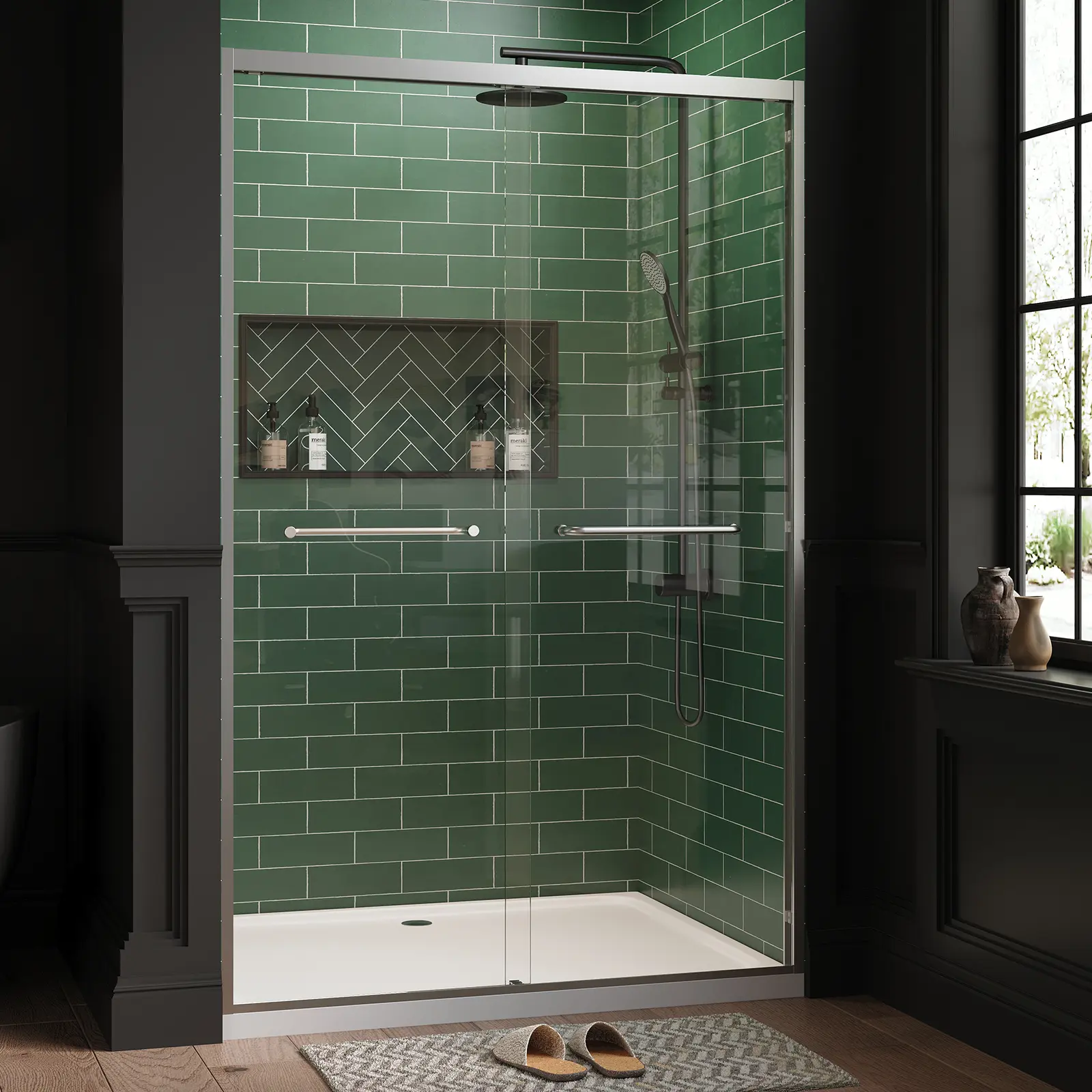 Modern Adjustable Sliding Shower Door Complete Kit - 43"-48" & 55"-60" Sizes, 1/4" (6mm) Tempered Glass, Matte Black Shower Enclosure, Aluminum Threshold, Waterproof Seal with Advanced Sealing, Sliding Door, Bathroom