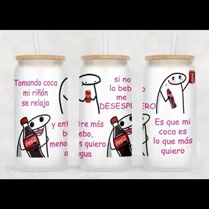 Tomando Coca 16oz Frosted Glass Can Cup - Drinkware with Cartoon Character Design and Spanish Phrases - Bottles. Libbey cup