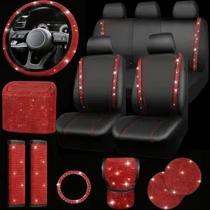 PU leather Universal Fit Car Seat Covers Set - Sparkly Rhinestone Steering Wheel Cover, Seat Belt Cushion, Car Trash Can, Shift Knob Cover, Push Start Button Ring, All-Season Protection, accesorios para el carro, car accessories women, car decor