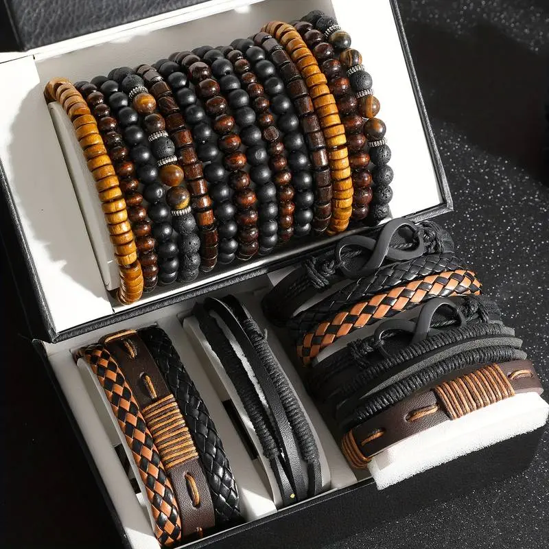 24pcs Men'S Fashion Bracelet Set - Street Style Faux Leather & Wooden Beads, Versatile Stacking Design for Casual Attire & Gifts