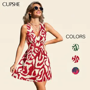 CUPSHE Daycation Abstract Illustration Multi-print Women's V-neck Armless Woven Flowy Mini Dress, Summer Daily Casual Wear, Womens Dresses #DealsForYouDays, Armless Casual Dresses