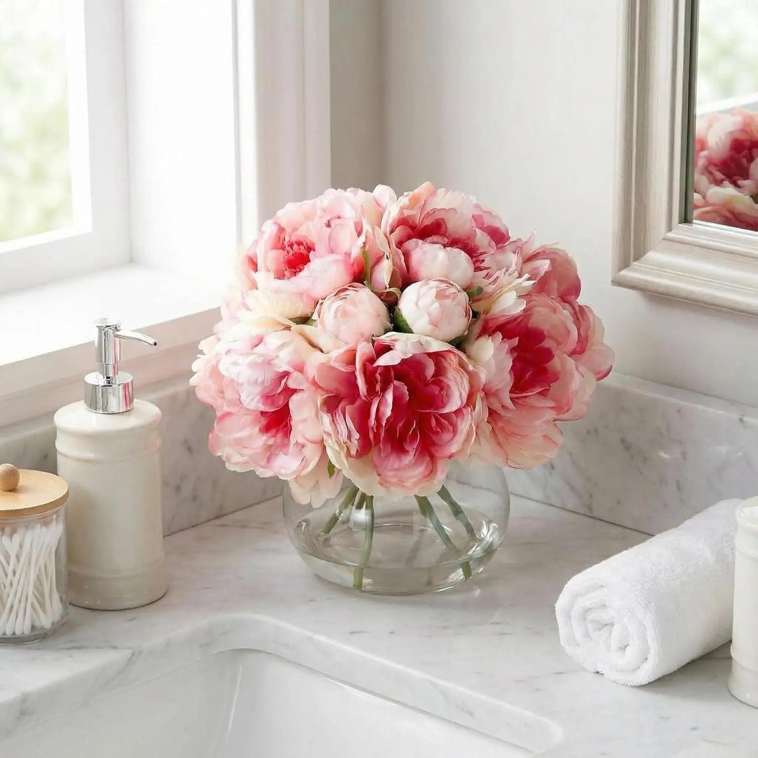 Gaomon Lifelike Blush Pink Silk Floral Artificial Peony Bouquet Decorative Set - Glass Vase, Faux Water Included, Table Centerpiece, Wedding Decor