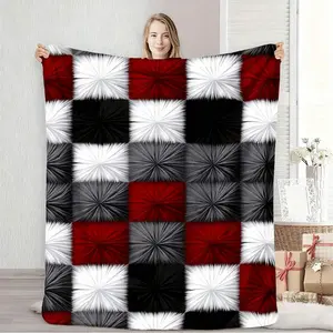 Soft Cozy Oversized Plush Faux Fur Blanket  Red Black White Gray Checkered Bedspread, Winter Warm Throw for Couch, Bed, Living Room - Contemporary Bedding & Sofa Cover, Machine Washable (Multicolor)