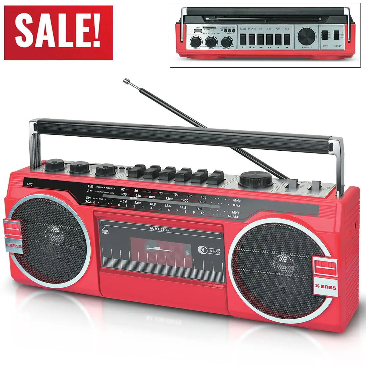 1980s Style Portable Boombox Radio Cassette Player Recorder - AM/FM/SW Radio, Bluetooth Speaker, Built-in Microphone, Audio Music Setup