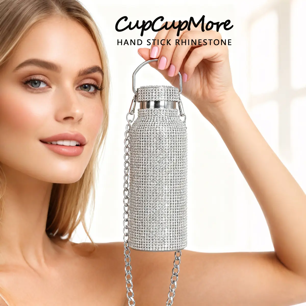 Cupcupmore Live 17 oz Silver Bling Rhinestone Stainless Steel Thermal Tumbler - Double-Walled Vacuum Flask, Leakproof, Glitter & Chain, Cold 12H for Drinks/Coffee, Gift for Women and Girls