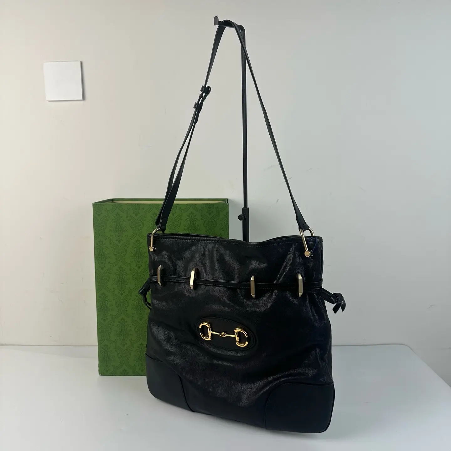 Pre-owned GUCCI Horsebit 1955 Leather Drawstring Crossbody Shoulder Bag