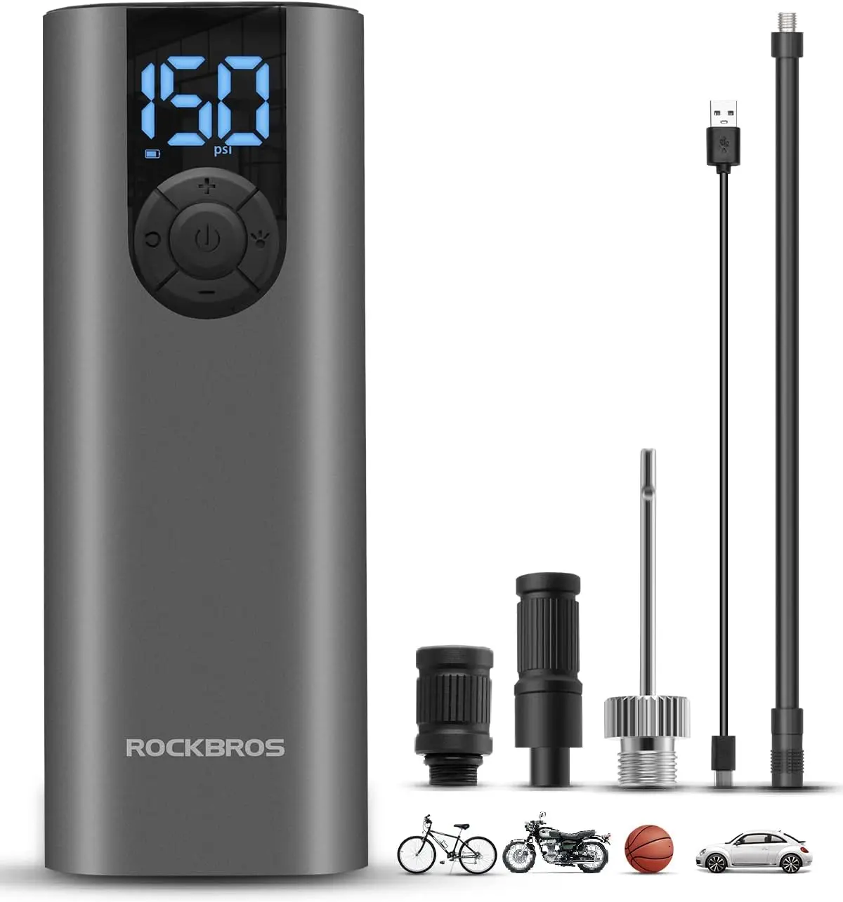 ROCKBROS Electric Bike Pump 150 Psi Inflator Portable Air Compressor 2*2600 mAh