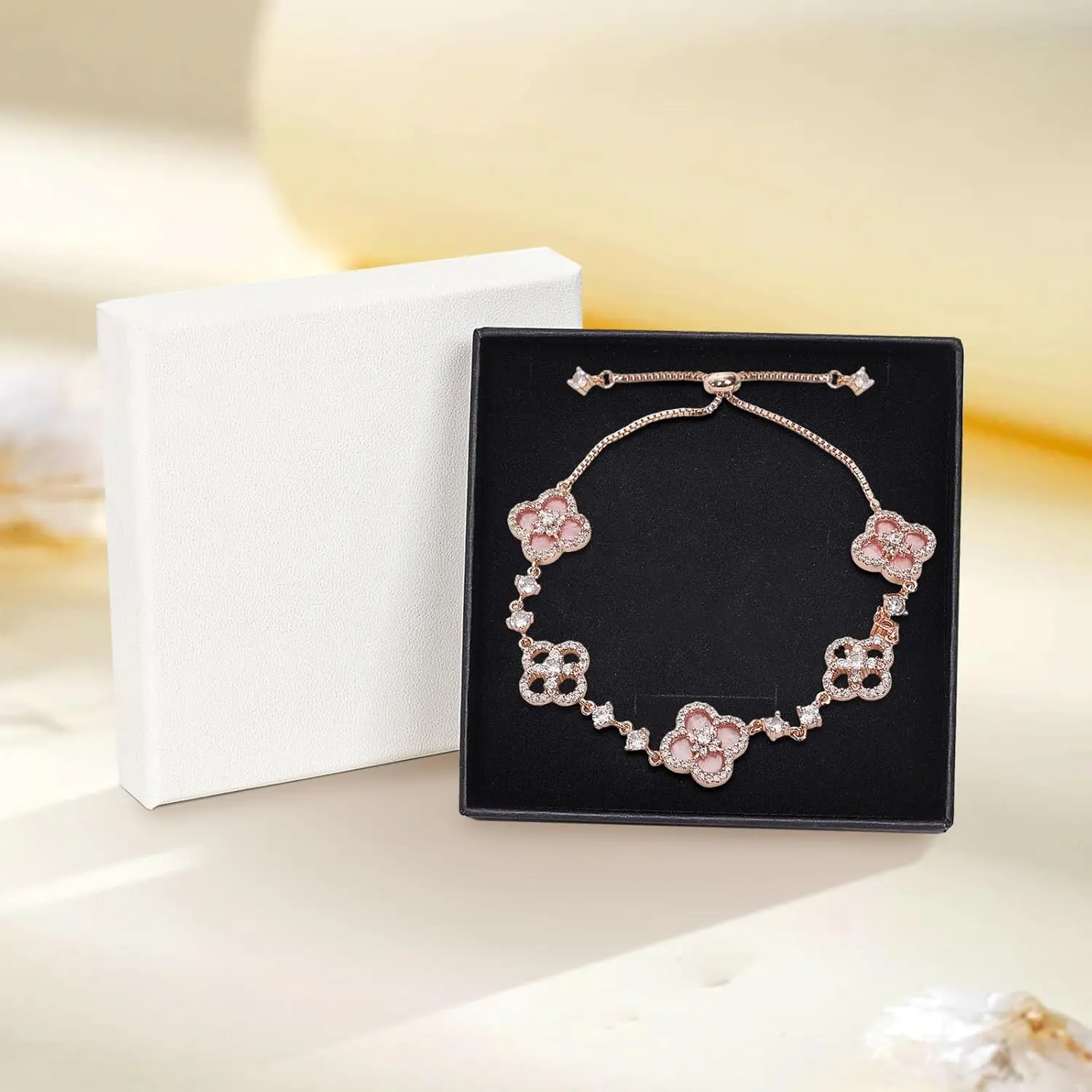 Women's 18K Gold Plated Clover Bracelet - Dainty Link Jewelry with Natural Shell, 4-Leaf Lucky Charm, Ideal Birthday/Mother's Day Gift for Women