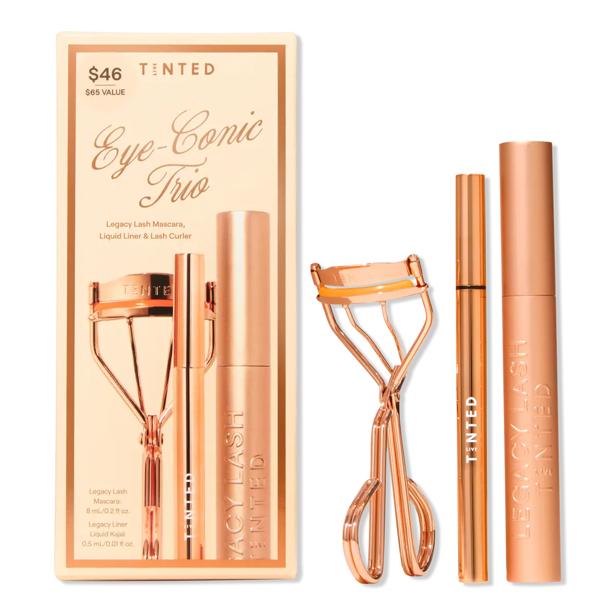 Live Tinted Eyeconic Trio Legacy Lash Mascara, Liquid Liner, And Lash Curler Live Tinted Eyeconic Trio Legacy Lash Mascara, Liquid Liner, And Lash Curler
