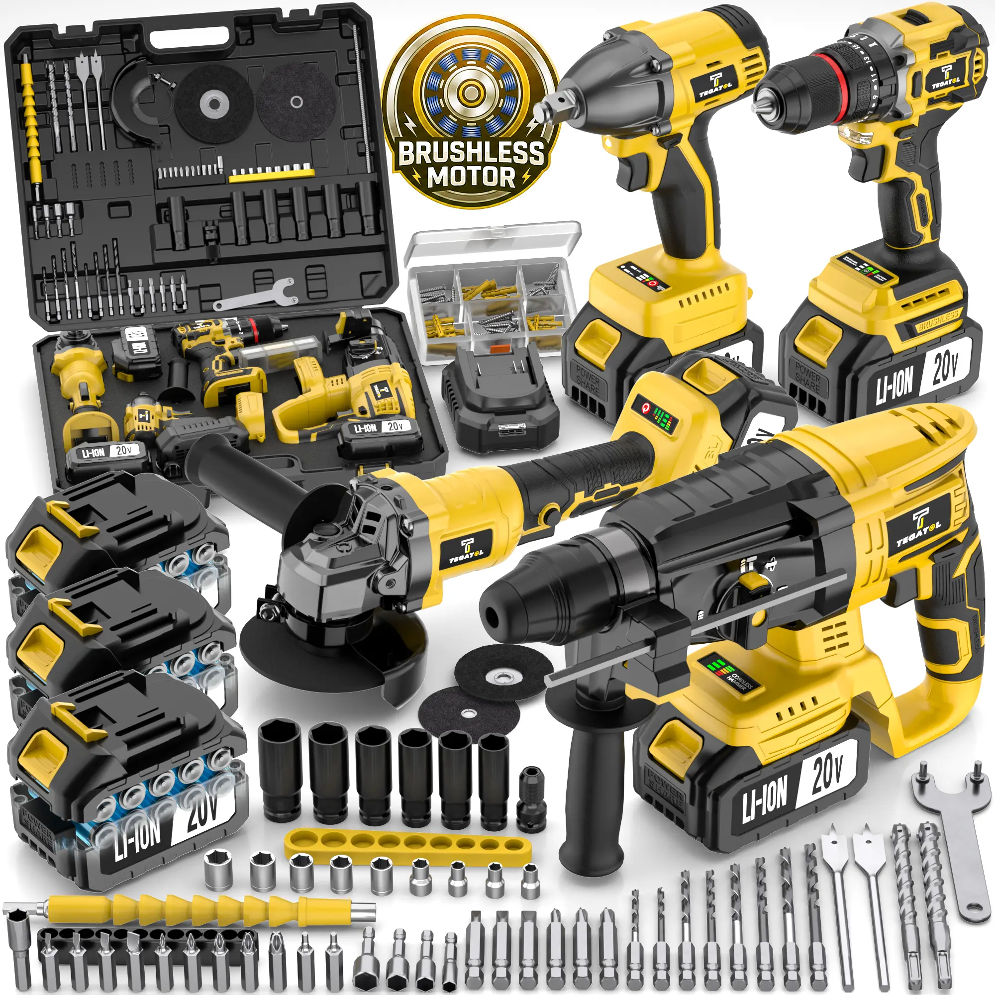 4-in-1 Brushless Cordless Power Tool Set - Wireless Drill Set, Electric Rotary Hammer, Angle Grinder, Impact Wrench Combo Kit with 3x 4.0Ah Batteries, Built for Construction Jobs & Work, Cordless Freedom for DIY Users