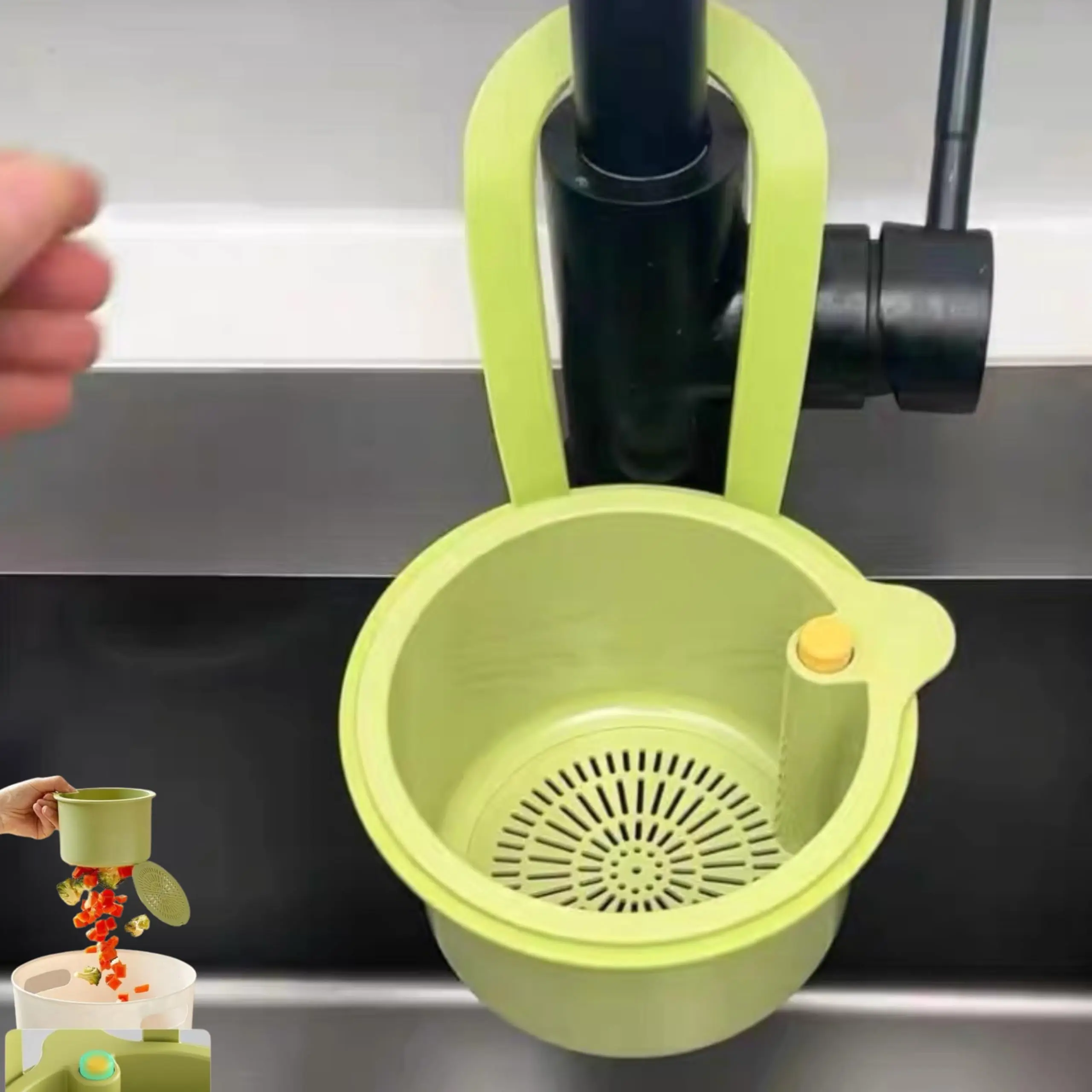 Small Size Over the Sink Colander Sink Strainer Basket - Tool Free Faucet Edge Hanging, Fast Draining Kitchen Tool with Bottom Release for Mess-Free Hands-Off Cleanup