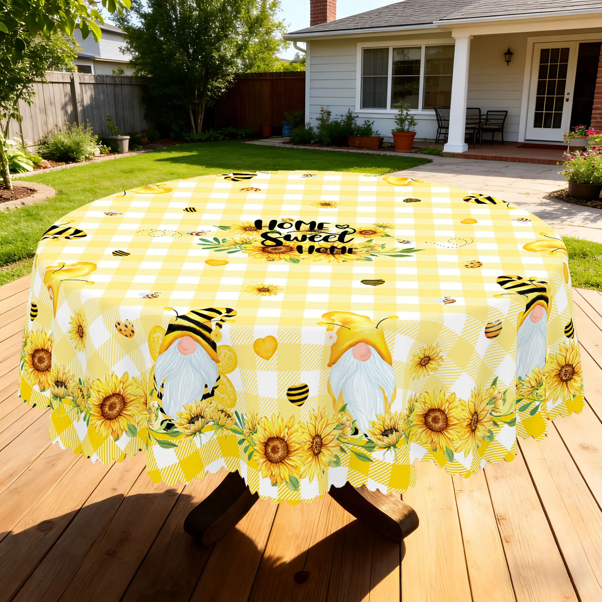 BLIOWL Rectangle Checkered Decorative Tablecloth - Sunflower & Dwarf Prints, Vibrant Yellow-White, Wrinkle-Resistant, Easy-Care Farmhouse Style Home Supply for Holiday Decor, Spring-Summer Indoor-Outdoor Dining