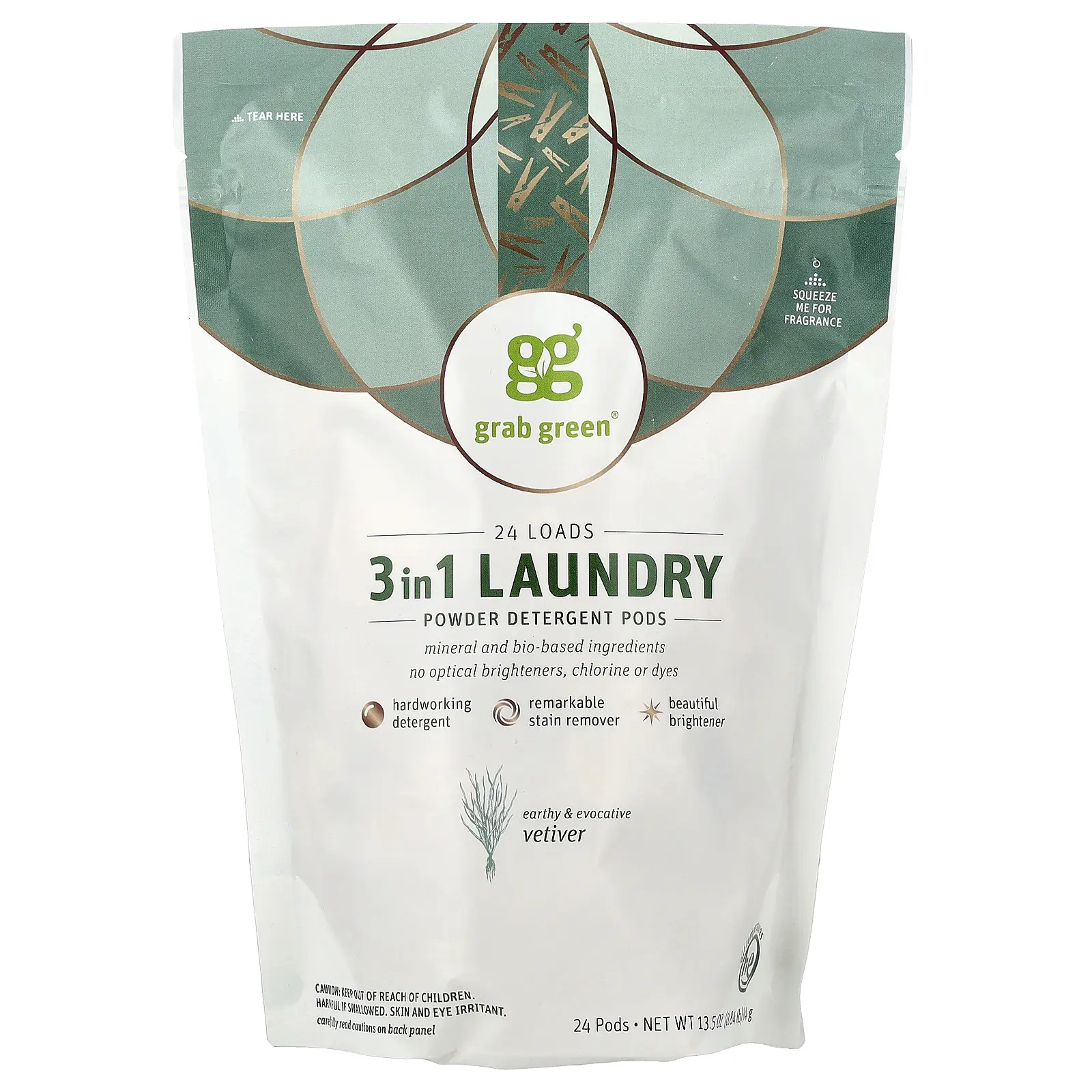 Grab Green 3 in 1 Laundry Powder Detergent Pods, Vetiver, 24 Pods, 13.5 oz (384 g)