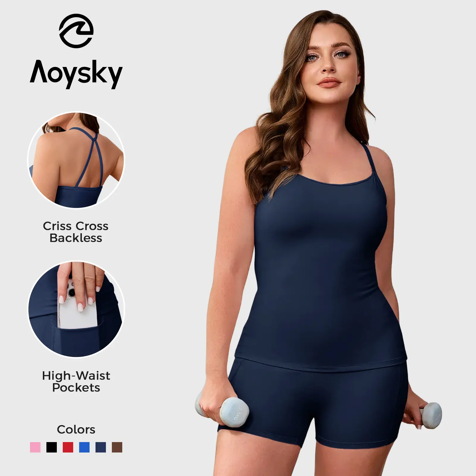 Aoysky Plus Size 2 Piece Yoga Set, Women's CloudSoft Fitness Sportswear, Halter Tank Top and High-Waisted Pocketed Biker Shorts, Fitness Sportswear Set, Women's Clothes, 2 Piece Sets