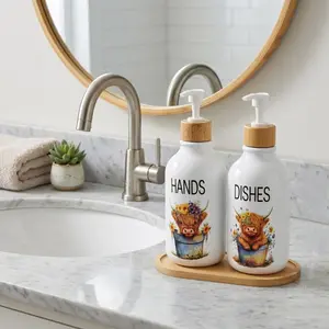 2Pcs Highland Cow Soap Dispensers with Tray, Farmhouse Cow Floral Plastic Dispenser with Bamboo Elements and Pump, Refillable Liquid Dish Soap Container for Bathroom and Kitchen Countertop Decor, Bathroom Accessory