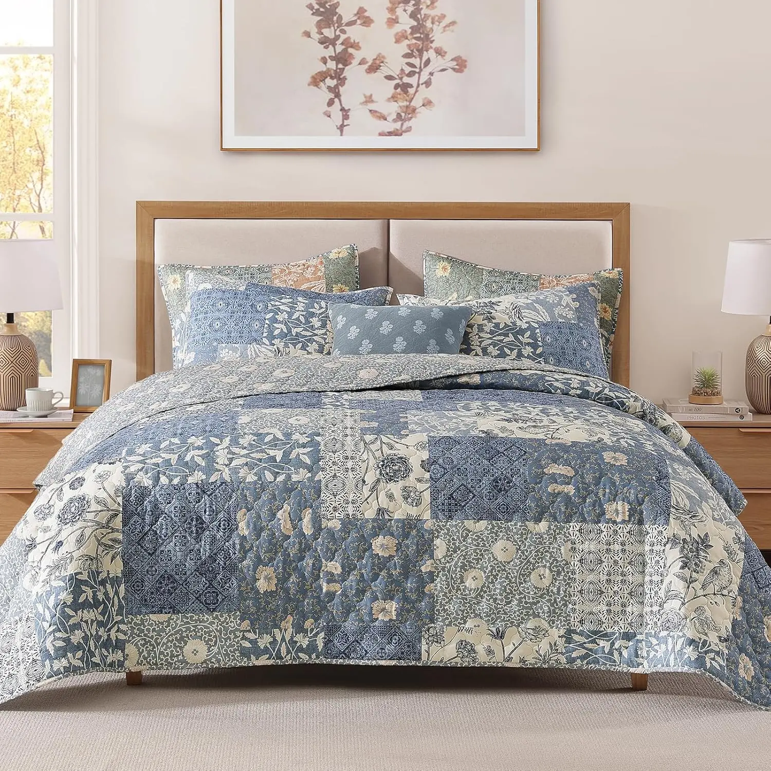 【Summer Sales Deals】Quilt Set - 3 Pieces Patchwork Blue Quilt Bedding Set, Lightweight Twin Bedspread Coverlet, Reversible Floral Bed Cover for All Seasons (66"x92", 1 Quilt + 1 Pillow Sham)