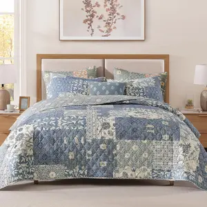 Quilt Set - 3 Pieces Patchwork Blue Quilt Bedding Set, Lightweight Twin Bedspread Coverlet, Reversible Floral Bed Cover for All Seasons (66"x92", 1 Quilt + 1 Pillow Sham)