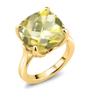18K Yellow Gold Plated Silver Yellow Lemon Quartz and White Moissanite Engagement Ring For Women | 9.10 Cttw | 14MM Cushion Checkerboard | Available In Size 5, 6, 7, 8, 9