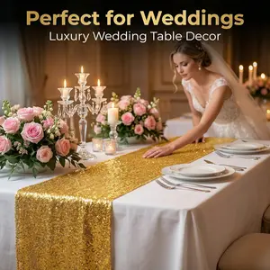 10/20/30 Packs Gold Sequin Table Runner 12x108 Inch, High Density Sparkly Glitter Table Runners Bulk for Wedding Reception, Birthday,Party Decorations, Banquet Events, Shimmering Gold Decor