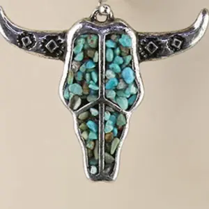 Western Steer Skull Chip Stone Dangle Earrings