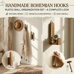 Rustic Wooden Wall Hook, Handmade Bohemian Coat and Hat Hanger for Entryway, Bedroom, Bathroom - Decorative Mounted