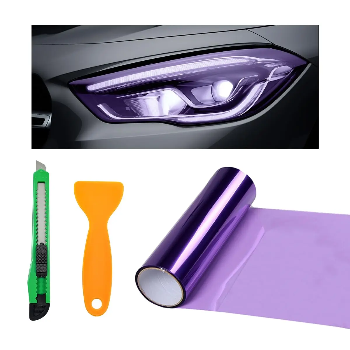 Purple Self-Adhesive Tint Vinyl Film Roll (12x48 in) with Squeegee & Accessories, UV Protection Headlights Wrap, Soft & Lightweight for Car Headlights, Prevents Deterioration, Soft And Lightweight