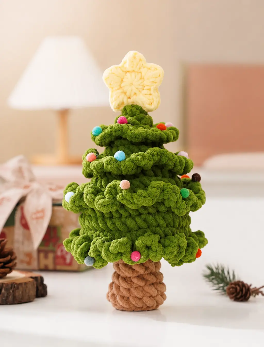 Handmade Crochet Mini Christmas Tree with Star Topper, Knit Small Xmas Tabletop Decor, Cute Wool Yarn Christmas Ornament Gift for Home Desk Shelf Decorations