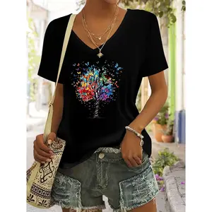 Women's Vibrant Butterfly Tree Print V-Neck T-Shirt - Spring/Summer Colorful Short-Sleeve Top, Casual Wear, Machine Washable, Versatile Everyday Fashion, Comfortable Fitted Shirt, Butterfly Shirt