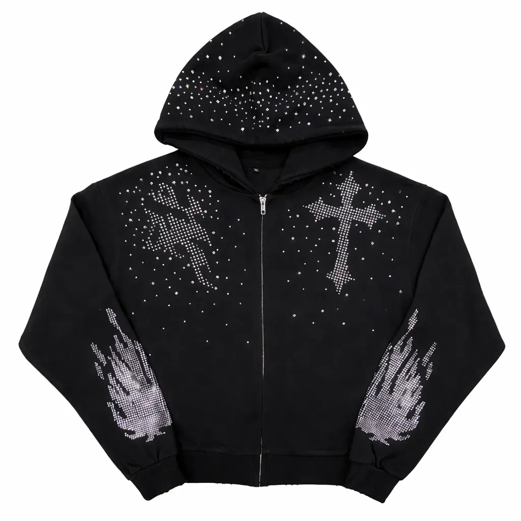 Black Rhinestone Zip Up Hoodie - Oversized Y2K Vintage Streetwear