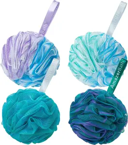Bath Loofah Sponge 75g/Piece, Exfoliating Bath Sponge Body Scrubber - Loofa Set of 4 Flower Color (Large, Green-Purple