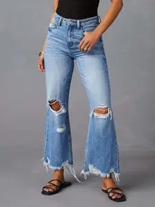 Distressed Raw Hem Flare Jeans
