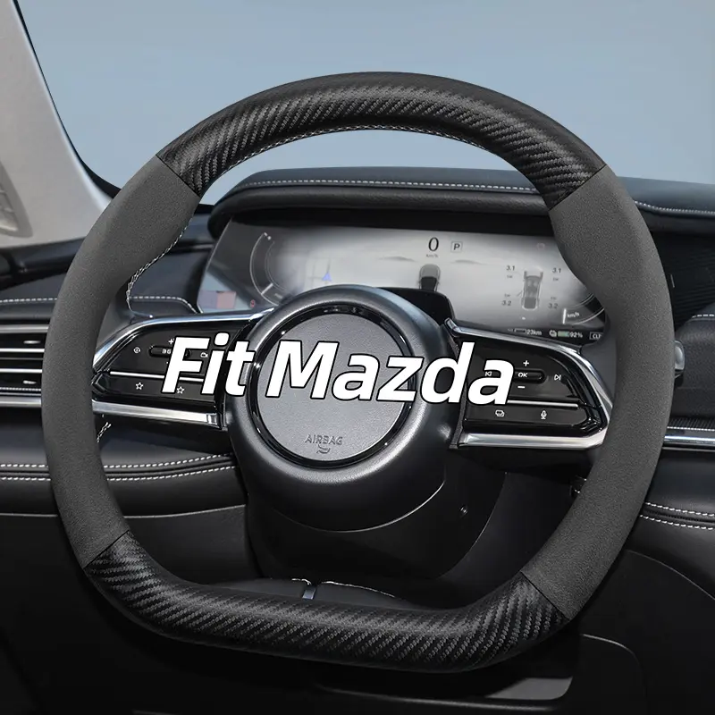 Carbon fiber texture leather suede steering wheel cover accessories suitable for Mazda, for 3, Cx5, 6, Cx30, Cx3, 6gh, 3bk, 6gg, 3bm, 3bl, Cx-5, Cx7, Cx50, 6gj, Bt50, 3sport, Cx60, Ez6, 323, Mx5nd, Cx80, Cx9, Mx5, Axela, Cx4, Cx8, Cx70, Cx90, 6e, MX-30
