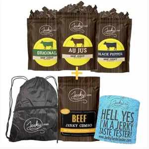 Doug's Favorites Big Bundle - Original Beef, Au Jus Beef, Black Pepper Beef + Beef Jerky Sampler & Drawstring Backpack & Koozie - All-Natural, No Added Preservatives - 12.5 oz