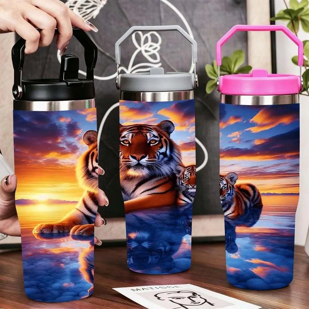 Tiger Mother & Cub Sunset Reflection Stainless Steel Tumbler with Lid & Straw, 12-40oz Double Wall Vacuum Insulated Flasks, Leak-Proof BPA-Free Travel Mug for Gym, Office