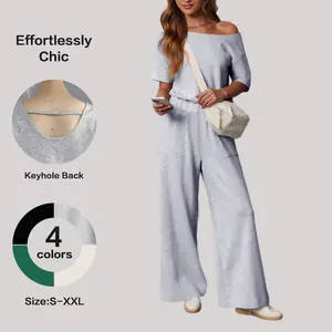 Fisoew Womens Heather Off-Shoulder Wide Leg Jumpsuit Short Sleeve Back Cutout Casual Loose Fit One-Piece Romper for Daily Wear & Loungewear  Womenswear