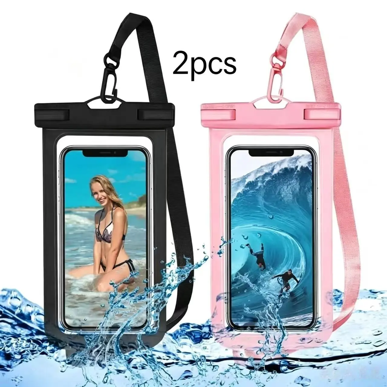 2 (black+pink) waterproof bags for mobile phone ropes, IPX8 level deep waterproof, high definition, sensitive touch, comprehensive waterproof and leak proof, suitable for surfing, hot springs, swimming, drifting, diving, applicable to all mobile phones
