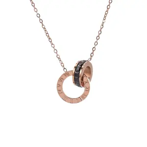 Women's Elegant Roman Numeral Necklace, Titanium Steel Interlocking Ring Pendant with Rhinestones, Fashion Neck Jewelry, Elegant Necklace