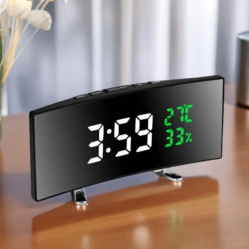 Large-screen curved digital alarm clock; a compact, multifunctional clock featuring integrated temperature and humidity displays—a smart, essential timepiece for home decorative style