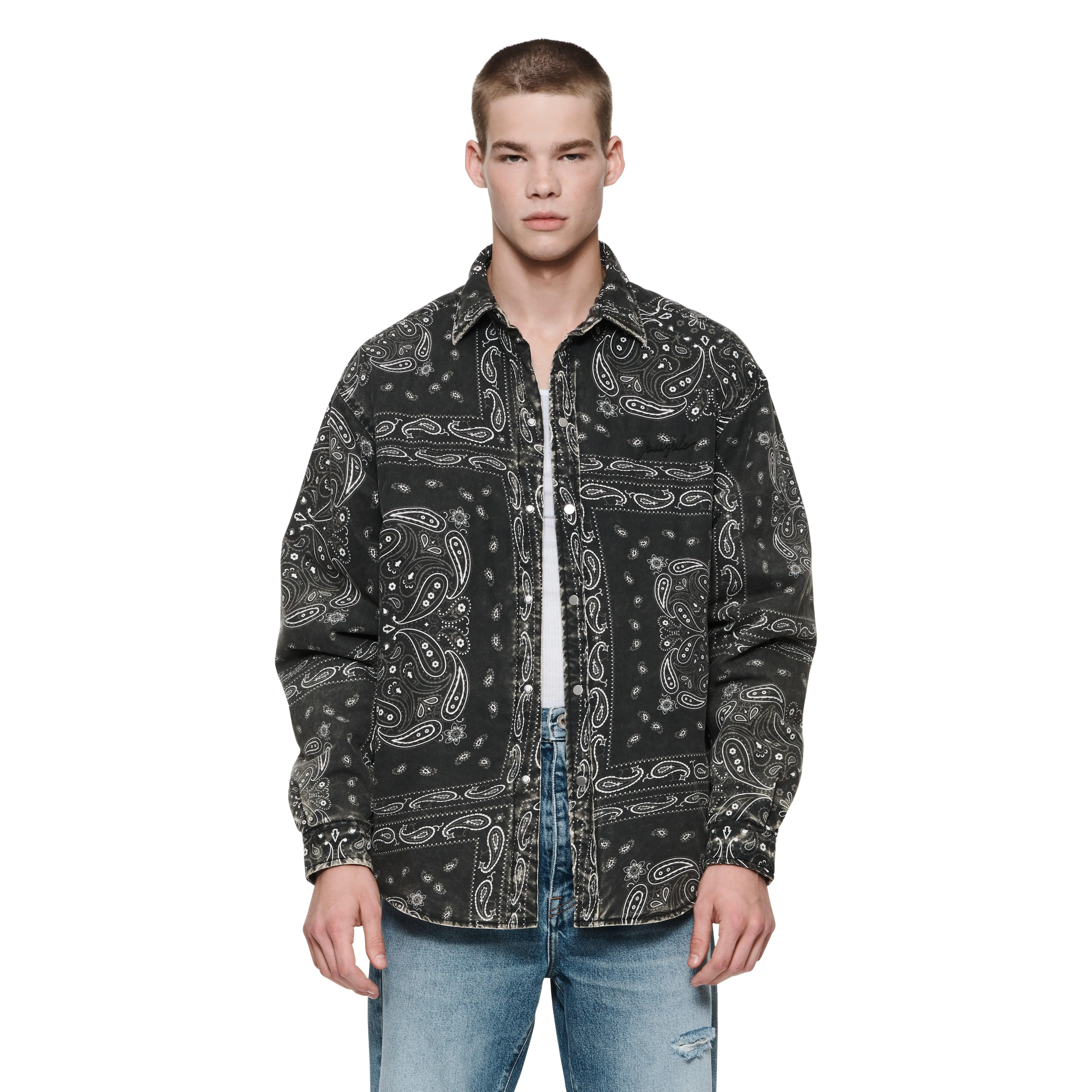PADDED QUILT LINE BANDANA SHIRT - Black