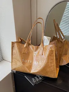 Chic Preppy-Style Large Capacity Tote Bag - Lightweight PVC & Kraft Paper With Magic Tape Closure For Women's Fashion