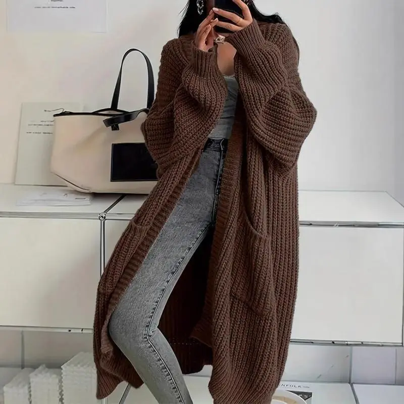 Women's Plus Sizes Autumn Winter Casual Loose Comfy Fit Longsleeves Knitted Cardigan Pullover, Wrap Top for Lazy Wear, Compatible with Raincoats, Medium Length