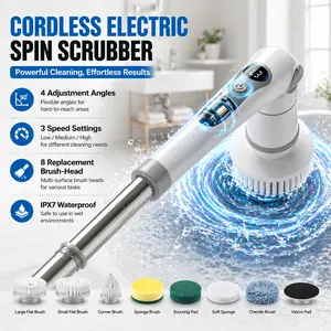 LTYTZ Household Multifunction Cordless Electric Spin Scrubber, 3-Speed 360-Degree Power Scrubber with Adjustable Detachable Handle, 8 Replaceable Brush Heads for Bathroom, Kitchen