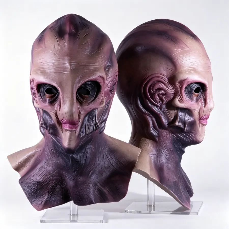 Adult Hollow Realistic Textured Alien Costume Mask with Integrated Neckpiece, Viral Space Creature Prop for Halloween, Sci-Fi Theme Parties