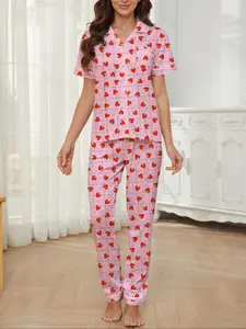 Women's Strawberry Print Sleepwear Set, Casual Fitted Short Sleeve Top & Elastic Long Pants, All-Season Home Wear
