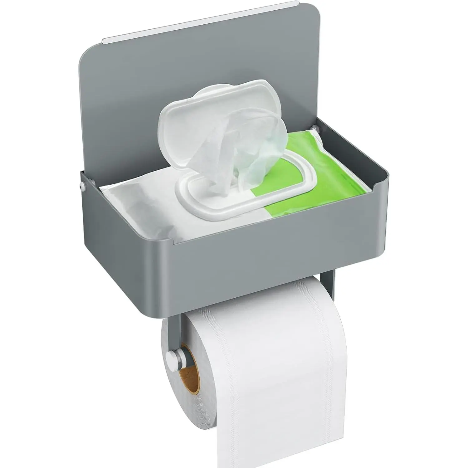 SUS304 Stainless Steel Modern Toilet Paper Holder with Shelf Flushable Wipes Dispenser for Bathroom Wipe Storage Grey Wall Mount Organizer
