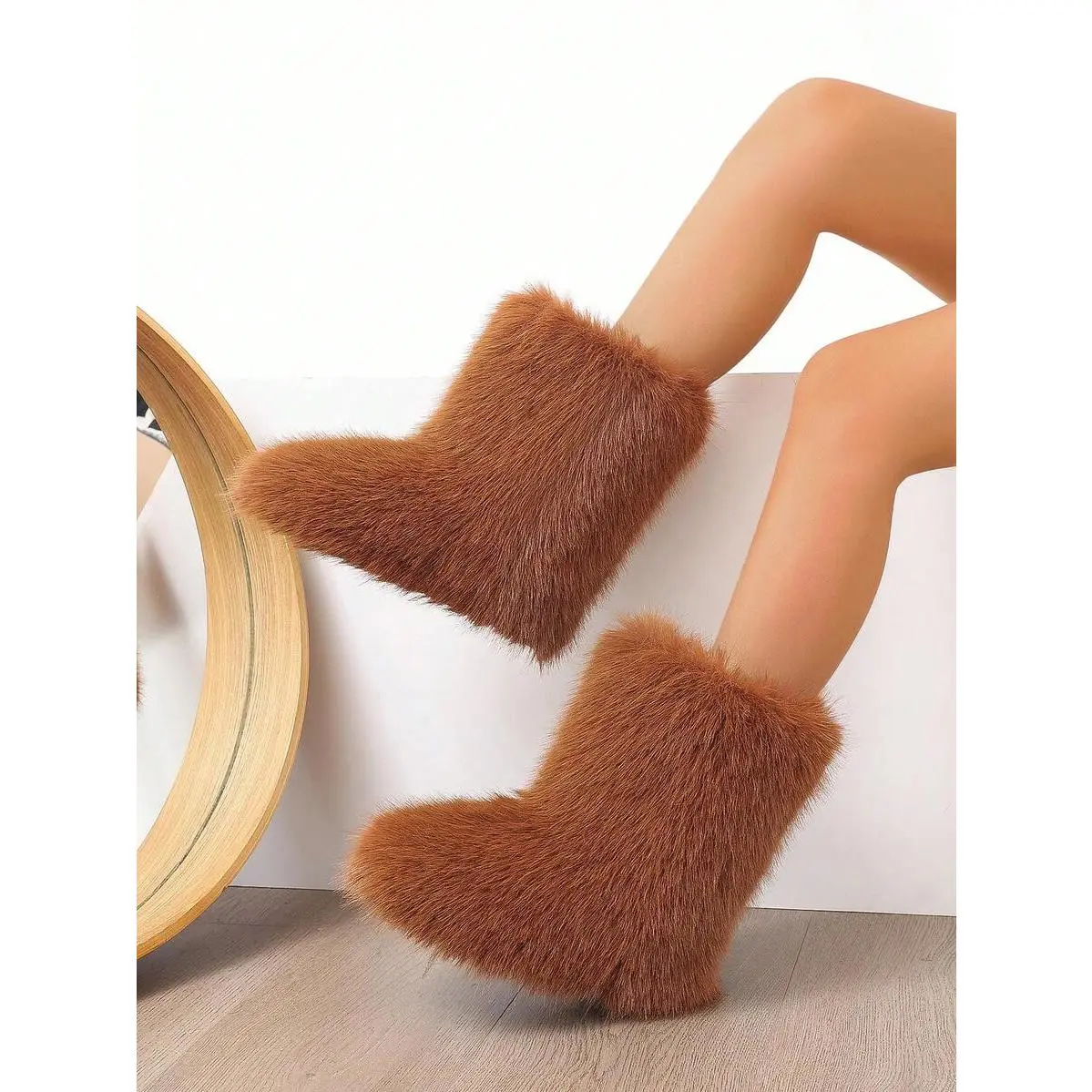 Women's Cozy Faux Fur Mid-Calf Snow Booties - Suede Round Toe, Plush Lined Flat Footwear, Warm Rubber Sole Platform Winter Shoes for Indoor-Outdoor Use